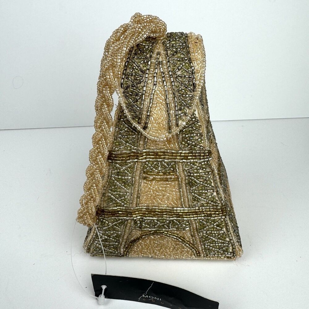 Rare Moni Couture Triangle Top  Handle Silver Gold Beaded Eiffel Tower Purse Bag